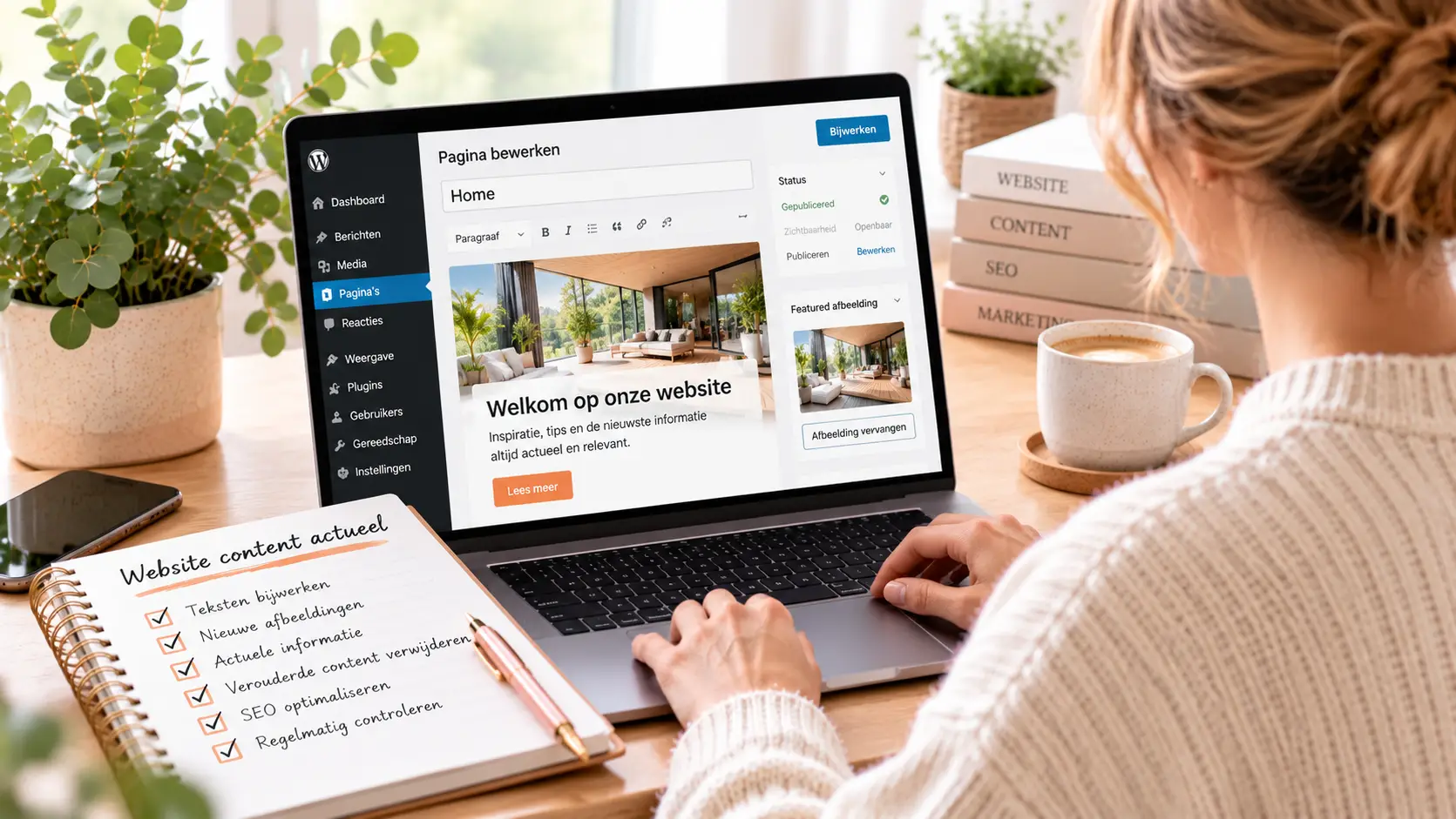 Website bijwerken in een gezellige werkkamer